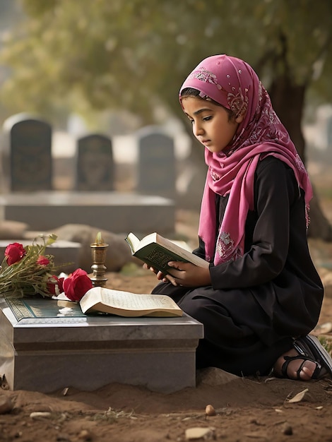 Dziewczyna recytuje Koran przed grobem matki