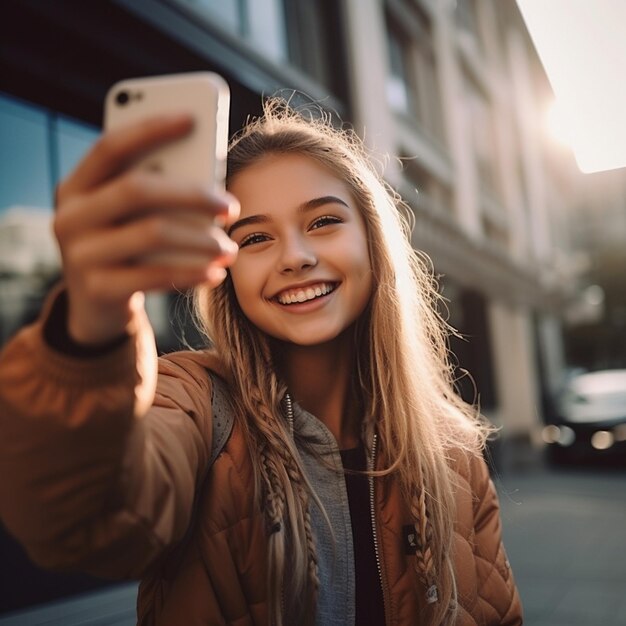 Zdjęcie dziewczyna robi sobie selfie telefonem