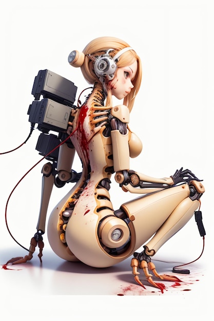 Dziewczyna-robot ze złamaną ręką siedzi na podłodze