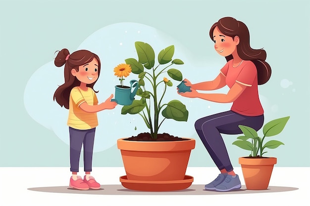 Dziewczyna rośnie i podlewa roślinę w garnku z matką