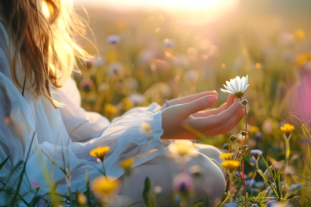 Zdjęcie dziewczyna siedząca na słonecznym polu z otwartą ręką i kwiatami koncepcja sesja zdjęciowa na świeżym powietrzu fotografia w naturalnym świetle portret na słońcu