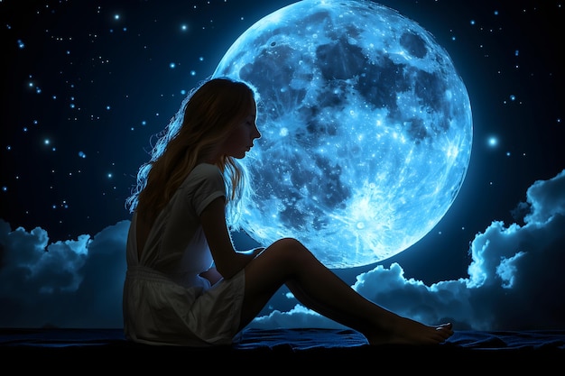 Dziewczyna siedząca przed pełnią księżyca