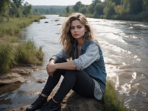 Dziewczyna siedzi na brzegu rzeki.