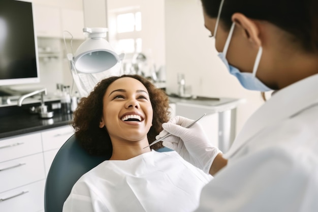 Dziewczyna siedzi na fotelu dentystycznym w gabinecie lekarskim pacjent pokazuje zęby generatywne AI Atrakcyjna młoda kobieta w klinice ortodontycznej Koncepcja stomatologii leczenie stomatologia