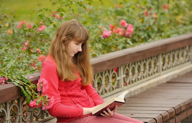 Zdjęcie dziewczyna siedzi na ławce i czyta książkę, jesień.