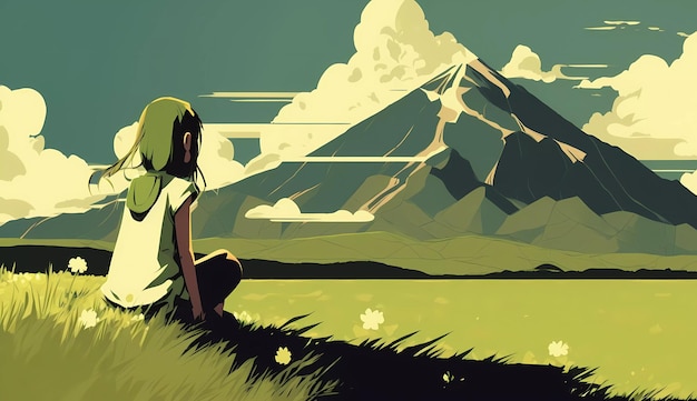 Dziewczyna siedzi na polu trawy i patrzy na górę.
