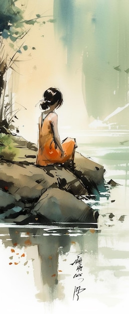 Dziewczyna siedzi na skale w wodzie