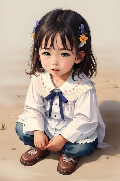 Dziewczyna siedzi na ziemi z kwiatami we włosach