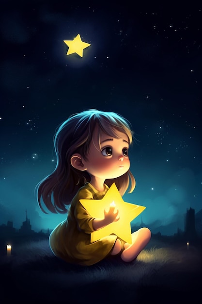 Dziewczyna siedzi pod gwiazdą, która mówi „życzę ci gwiazdki”