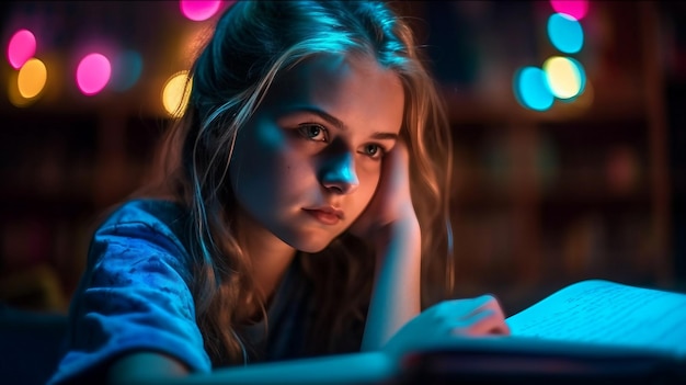 Dziewczyna siedzi przed laptopem z podświetlonym ekranem