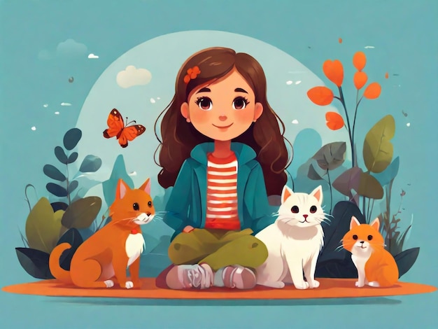 Dziewczyna siedzi przed zdjęciem dziewczyny i jej kotów.