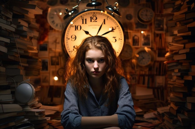 dziewczyna siedzi przed zegarem, który wskazuje „godzina 12:00”.
