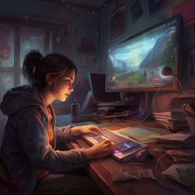 Dziewczyna siedzi przy biurku przed ekranem komputera z napisem „gra o tron”.