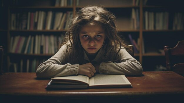 Dziewczyna siedzi przy biurku w ciemnym pokoju i patrzy na książkę.