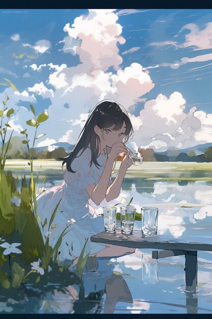 Dziewczyna siedzi przy stoliku nad jeziorem i pali papierosa.