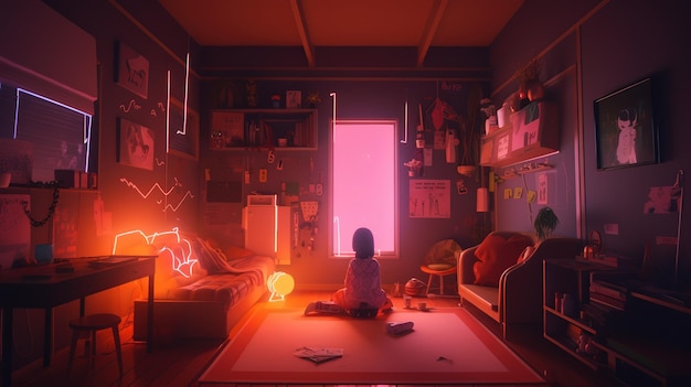 Dziewczyna siedzi w ciemnym pokoju z różowym światłem na ścianie.