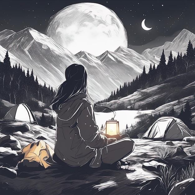 dziewczyna siedzi w górach i ogląda zachód słońca dziewczyna w górach z plecakiem