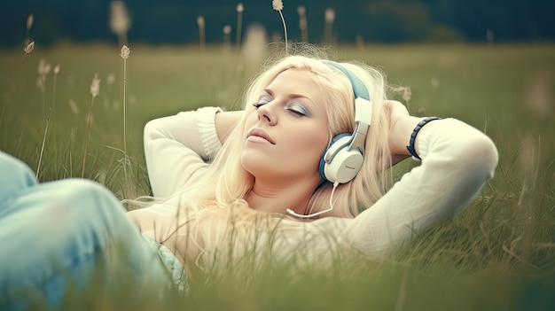 Zdjęcie dziewczyna słucha muzyki w terenie ilustracja ai generativexa