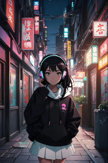 Dziewczyna słuchająca muzyki z słuchawkami w mieście w nocy