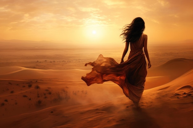 Zdjęcie dziewczyna spacerująca po piasku pustyni o zachodzie słońca ilustracja ai generative