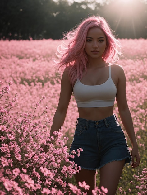 Zdjęcie dziewczyna spacerująca po polu różowych kwiatów