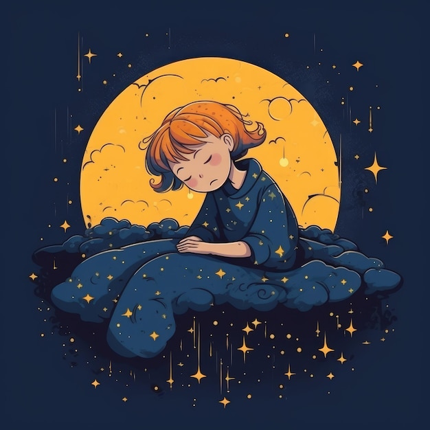 Dziewczyna śpi wśród błękitnego nieba, jasnego księżyca i gwiazd kreskówki z generatywną ai