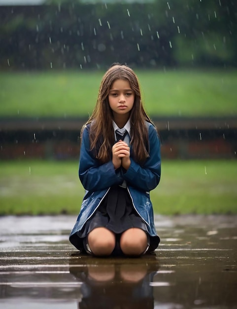 Dziewczyna stoi na boisku szkolnym, kiedy pada deszcz.