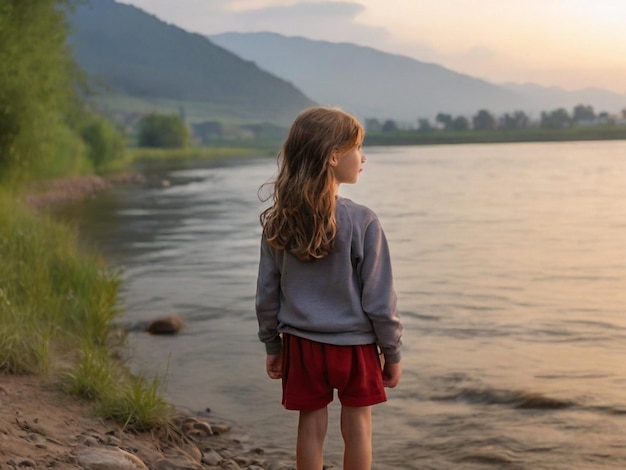 Dziewczyna stoi na brzegu rzeki.
