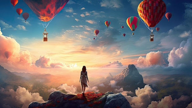 dziewczyna stoi na górze z balonami na niebie.