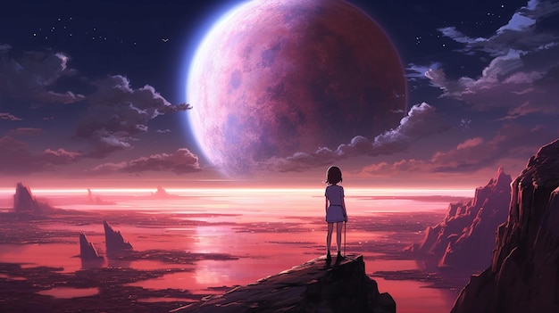 Dziewczyna stoi na klifie patrząc na księżyc