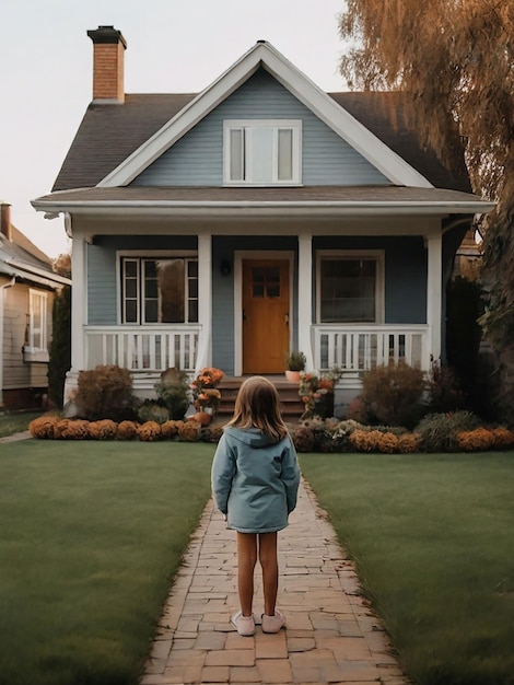 Dziewczyna stoi przed domem.
