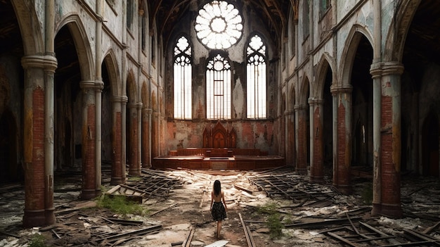 Zdjęcie dziewczyna stoi w opuszczonym kościele z dużym witrażem w tle.