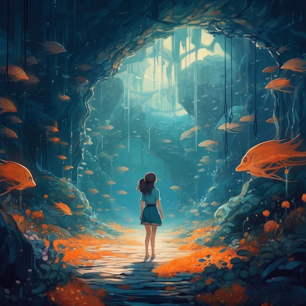 Dziewczyna stoi w tunelu ryb.