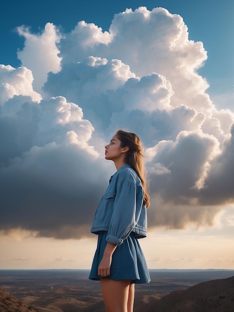 Dziewczyna stoi z chmurami wokół niej