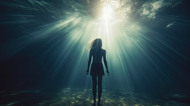 Dziewczyna stojąca pod wodą na dnie oceanu