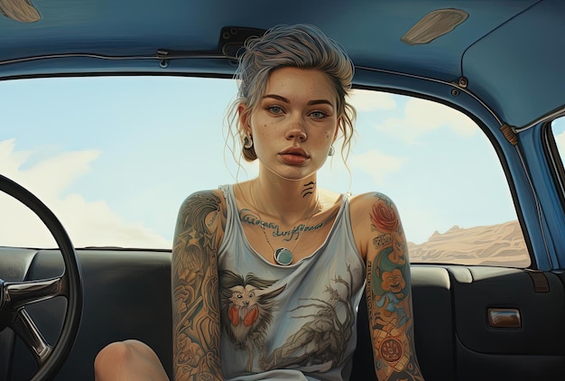 dziewczyna stojąca w samochodzie z tatuażami przedstawiającymi w stylu australijskich krajobrazów