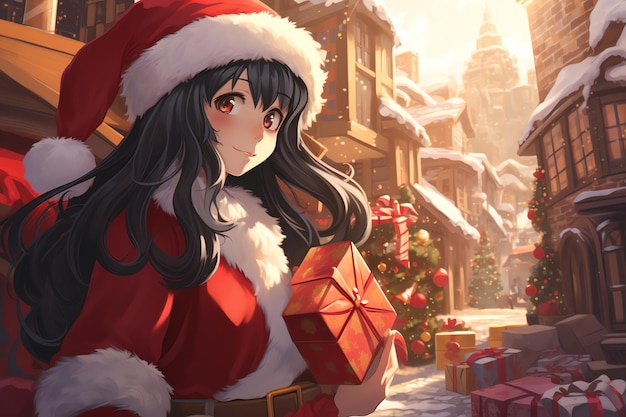 dziewczyna Świętego Mikołaja trzymająca prezent ilustracja w stylu anime