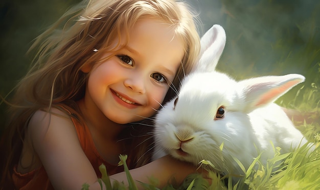 Dziewczyna trzyma królika, a królik się uśmiecha.