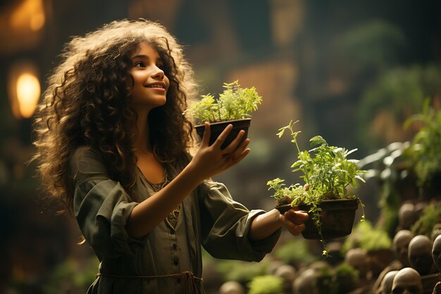 Dziewczyna trzyma młodą roślinę na zielonym tle wiosennego Koncepcja ekologiczna generowana przez AI