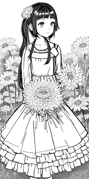 Zdjęcie dziewczyna trzyma w dłoni kwiat róży. rysunek konturowy postaci kreskówkowej 2d, czarno-biały