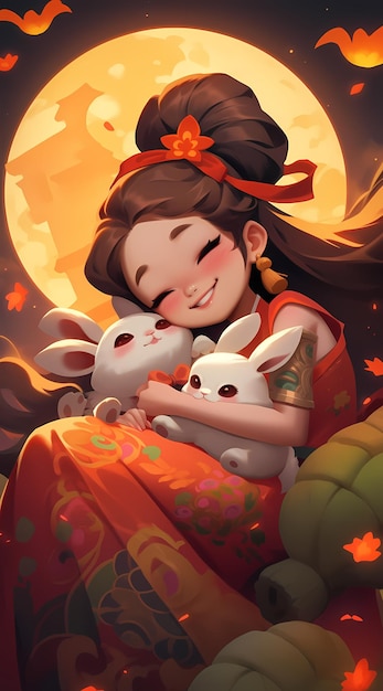 Dziewczyna trzymająca królika w tle tradycyjnej chińskiej ilustracji Święta Środka Jesieni