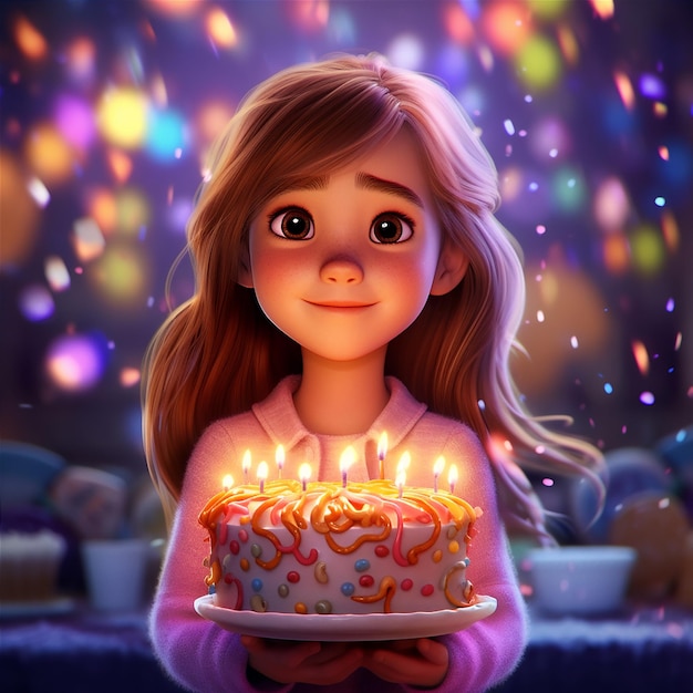 Dziewczyna trzymająca przed sobą tort z zapalonymi świeczkami.