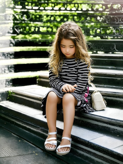 Dziewczyna ubrana w czarno-białą sukienkę w paski siedzi na generatywnym obrazie ai schodów
