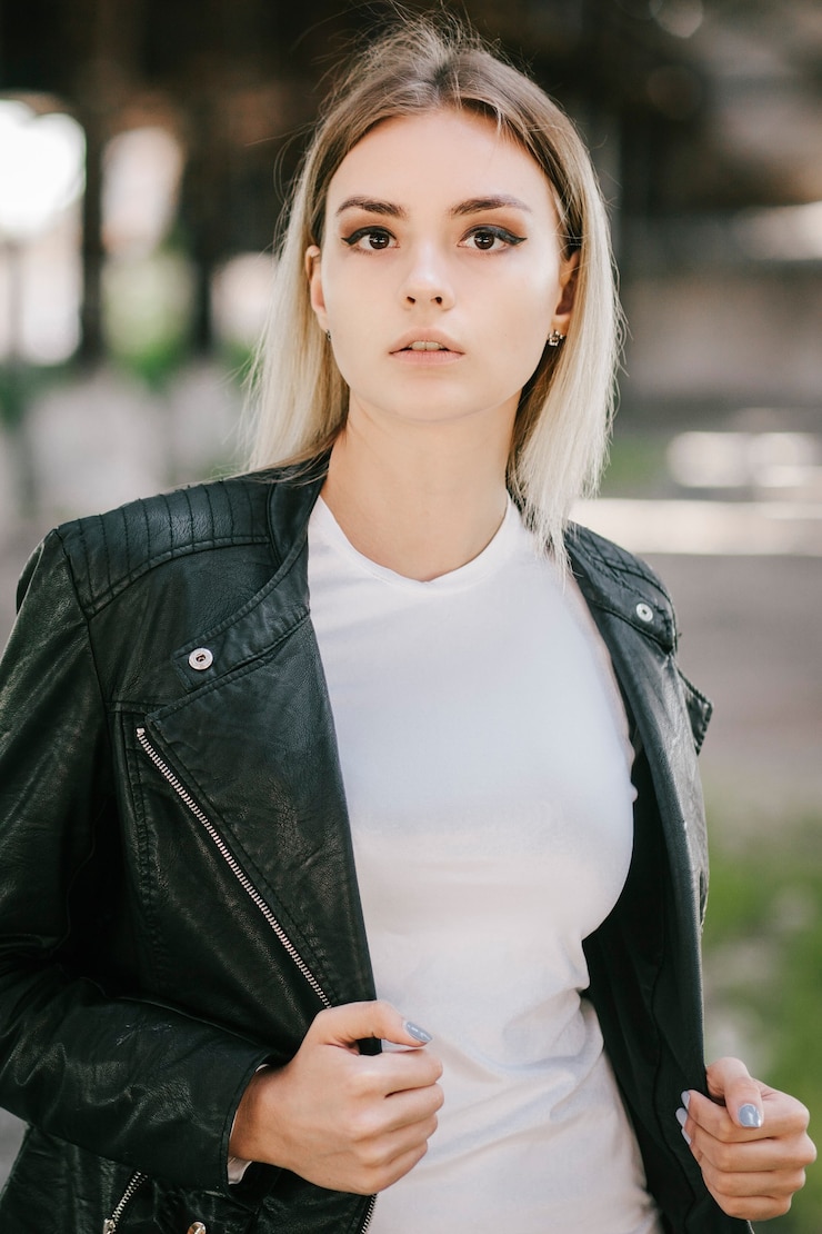 Zdjęcie dziewczyna ubrana w t-shirt i skórzaną kurtkę pozuje przeciwko ulicy