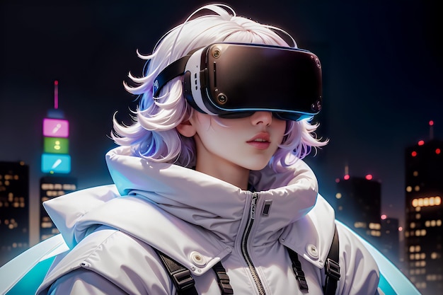 Dziewczyna ubrana w zestaw słuchawkowy wirtualnej rzeczywistości w futurystycznym mieście
