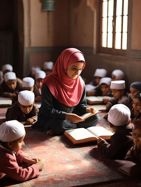 Zdjęcie dziewczyna uczy dzieci w madrasie.
