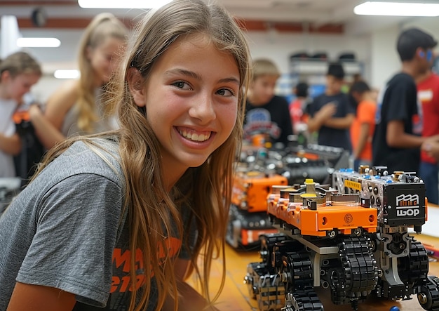 Dziewczyna Uśmiecha Się I Trzyma Zabawkę Robota.