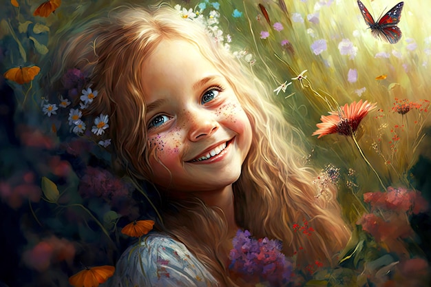 Dziewczyna uśmiecha się na charakter, siedząc w polu kwiatów z kwiatem i motylem