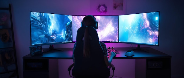 Dziewczyna używa komputera do gier z kilkoma monitorami Generative AI