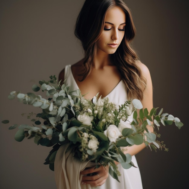 Dziewczyna w białej sukience ślubnej trzyma w rękach bukiet kwiatów